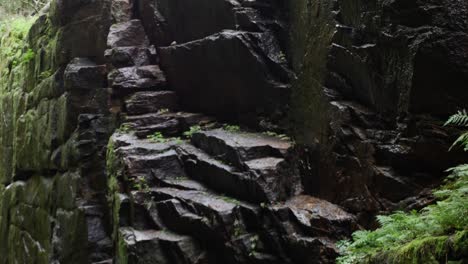 Water-drips-down-a-tall-rocky-wall-of-a-gorge-as-the-camera-tilts