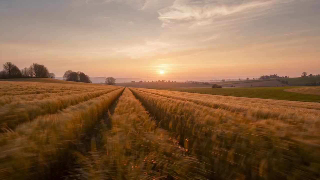 Starting camera motion, rig gliding along central track through golden cereal to sunset, hedgerows