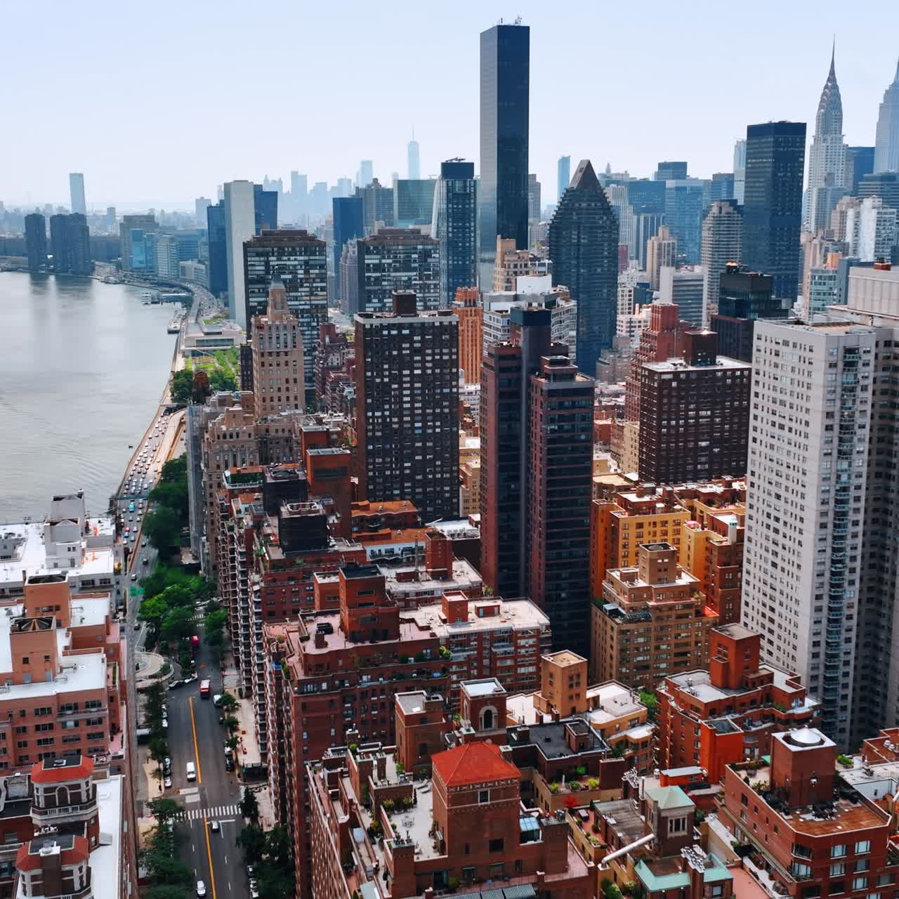 Breathtaking view of Manhattan and Hudson river. Splendid panorama of New York on sunny day from top perspective