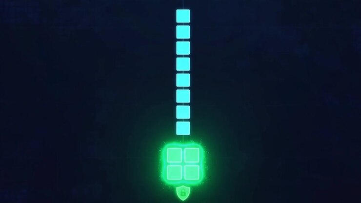 Vertical glowing block chain rotating into place above secure green locked data grid