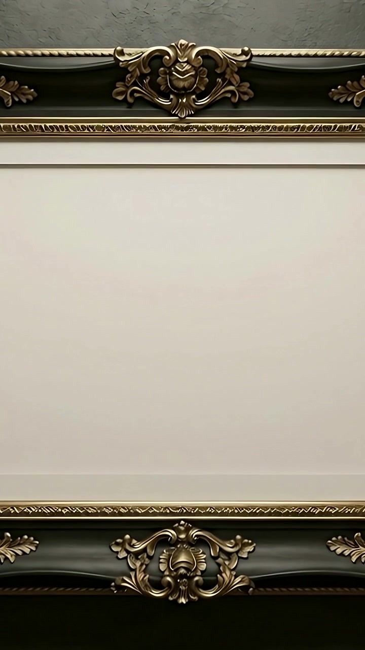 Video verticale: Mostra una cornice ornata che si sposta con un leggero movimento della telecamera su una parete intonacata, pannello vuoto.