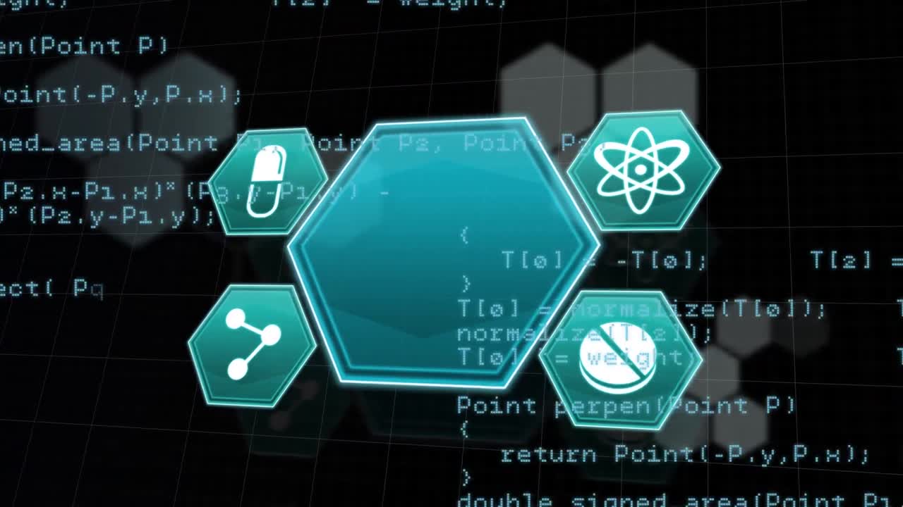 Animation of scientific icons and data processing on black background