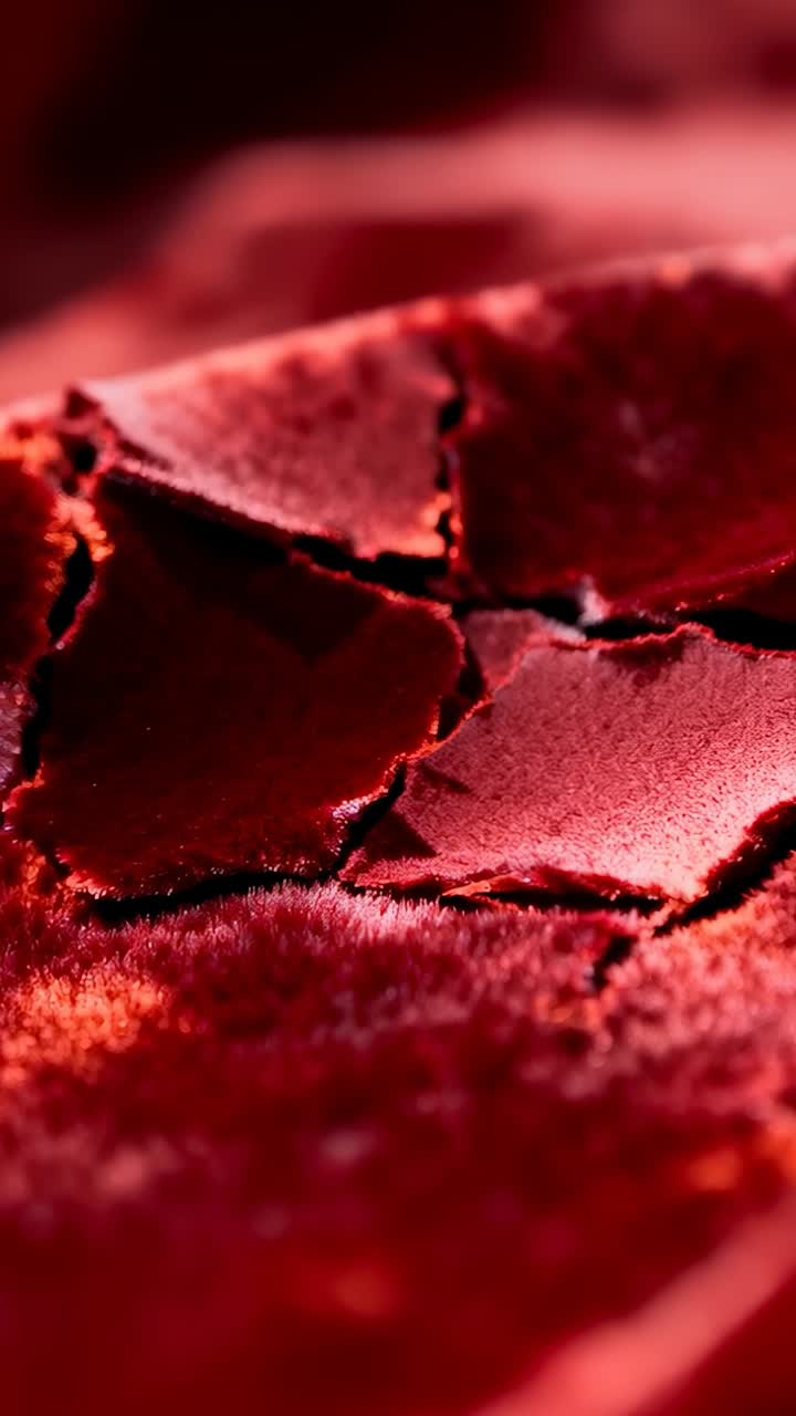 Vertical video: Shifting focus making cracked red flakes catching light and showing grain in studio