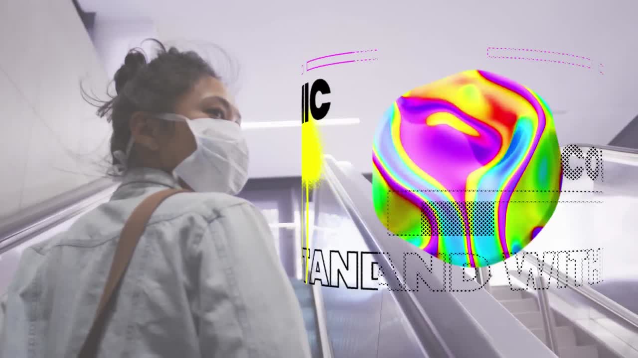 animación de forma colorida con mensaje de distanciamiento social sobre una mujer asiática que lleva una máscara facial