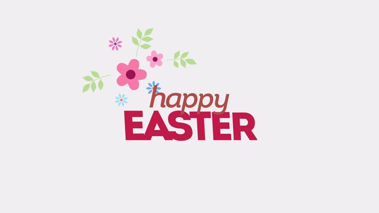 Happy Easter with spring flowers on white gradient