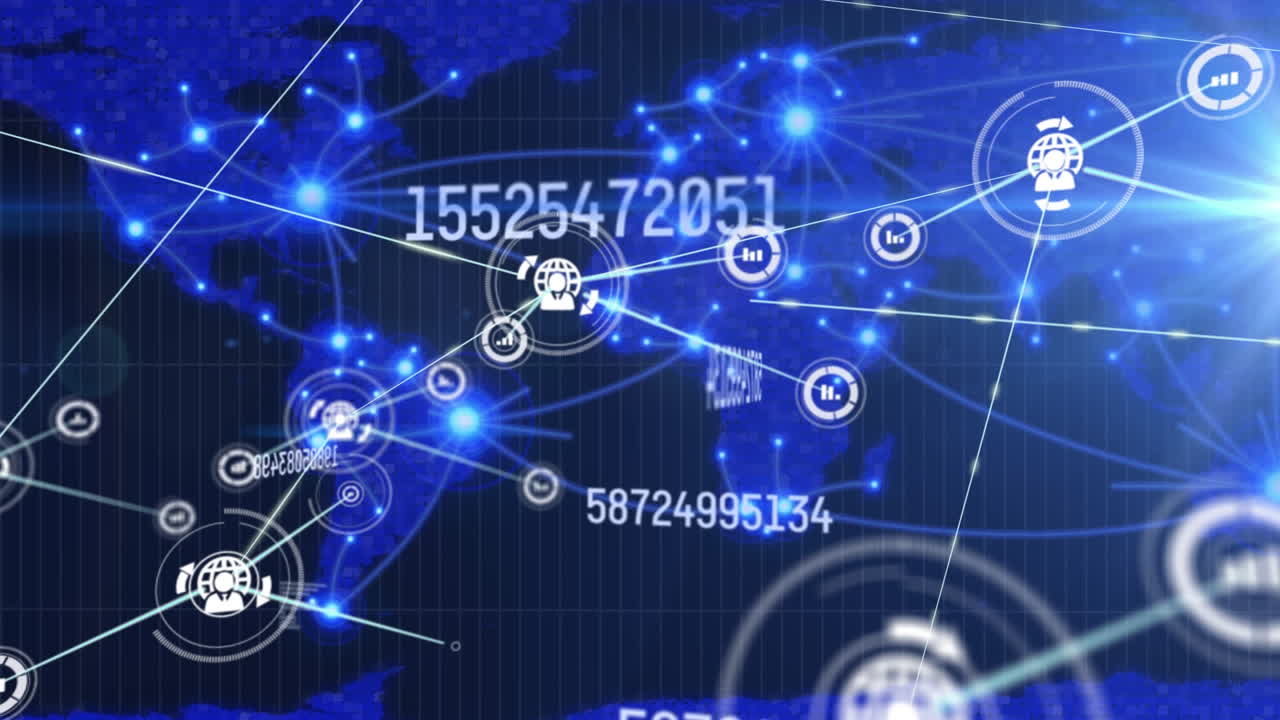 animación de la red de conexiones con iconos y procesamiento de datos sobre el mapa del mundo