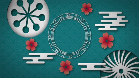 animation of decorative white shapes moving and pink flowers spinning on turquoise background