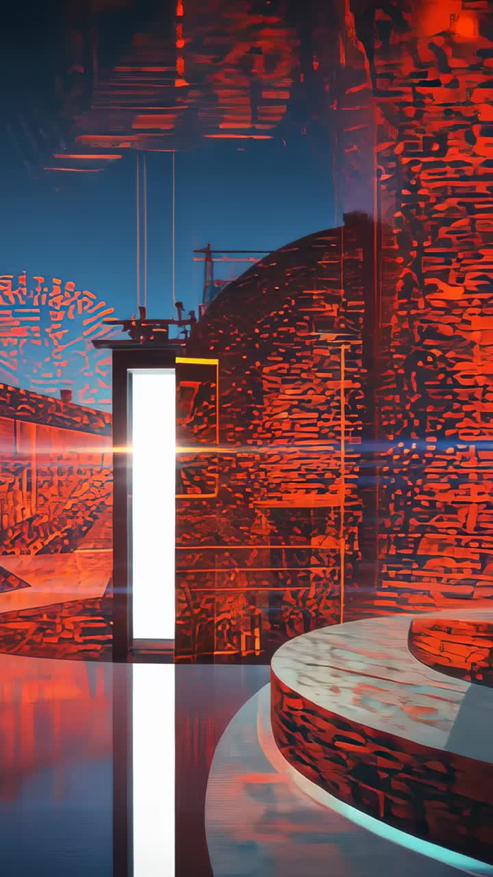 Vertical video: Approaching camera drawing focus to glowing portal in stage, with marble platform