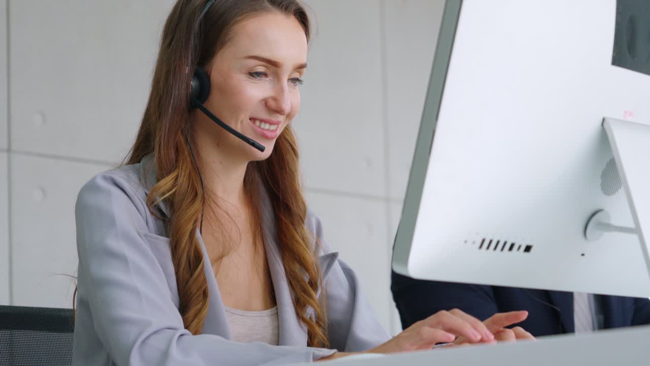 Business people wearing headset working in office