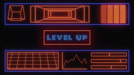 Animation vintage video game screen with words level up written