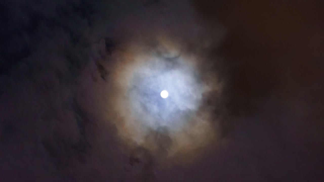 Full Moon with Lunar Halo in Cloudy Night Sky