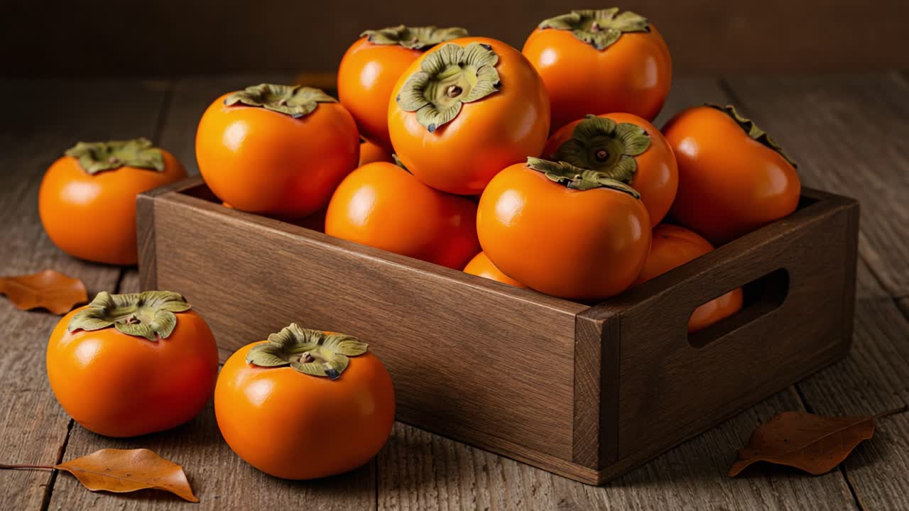 A Stunning Display of Vibrant Persimmons in a Rustic Wooden Box, Capturing the Beauty of Autumn's Harvest with Their Bright Orange Color and Unique Leafy Tops