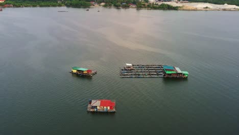 acuicultura tradicional piscifactorías flotantes, cría, cría y recolección de peces y mariscos en entornos acuáticos, con jaulas y redes llenas de vida marina, conectadas por pasarelas de madera