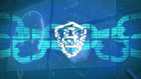 Animation-of-digital-shield-with-padlock-and-block-chain-on-blue-background