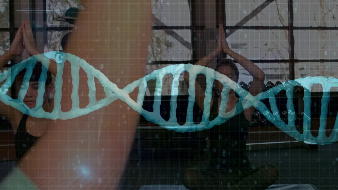 3 women pressing hands together starting fitness class, DNA helix over torsos with streaming code