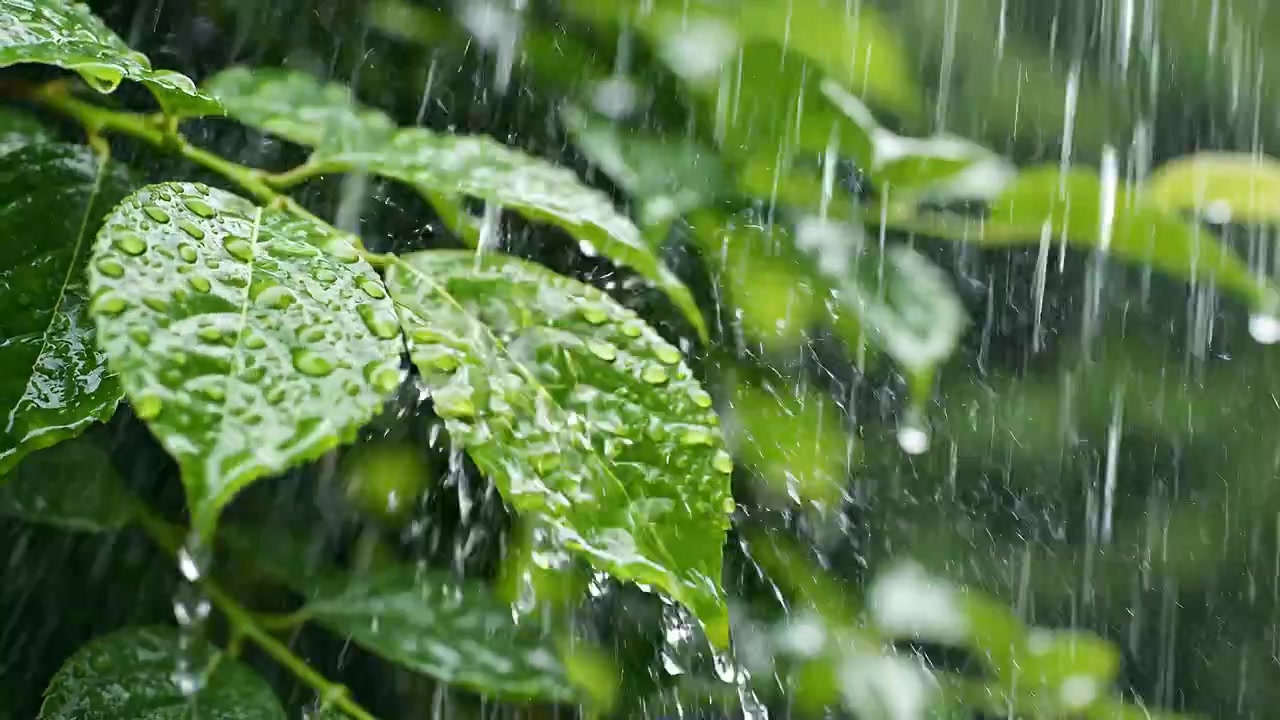 Heavy rain falling on vibrant green leaves in a garden