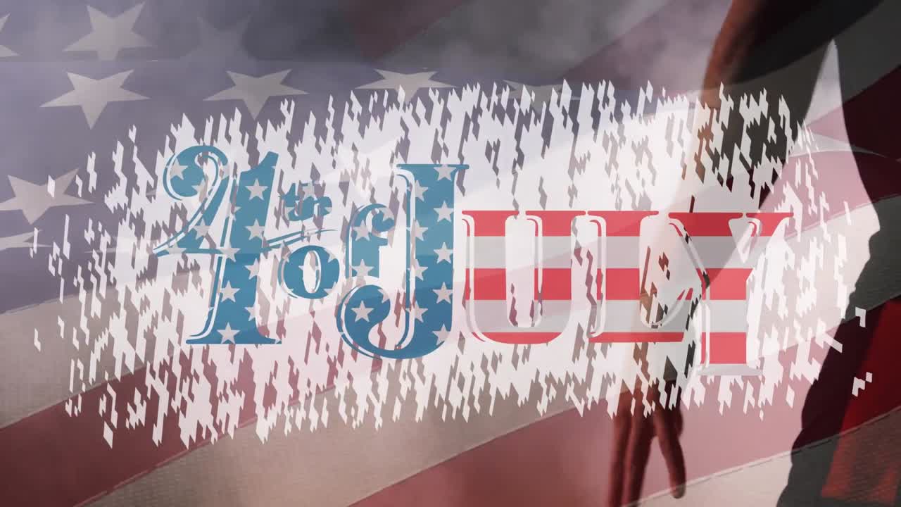 미국 국기 위의 7월 4일 애니메이션과 아프리카계 미국인 남자 농구 선수