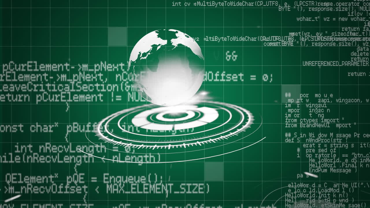 회전하는  ⁇ 색 지구와 녹색 배경에 움직이는 데이터