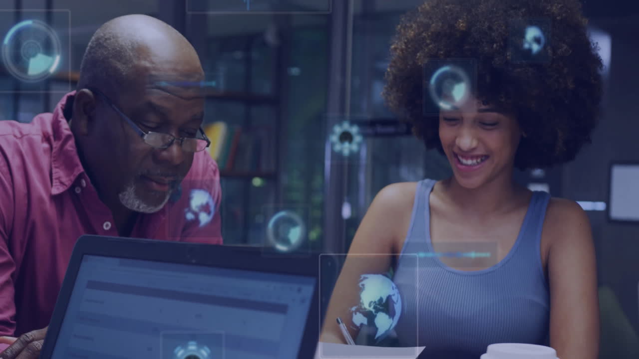 Working together, diverse colleagues using digital globe with data animations overlaying