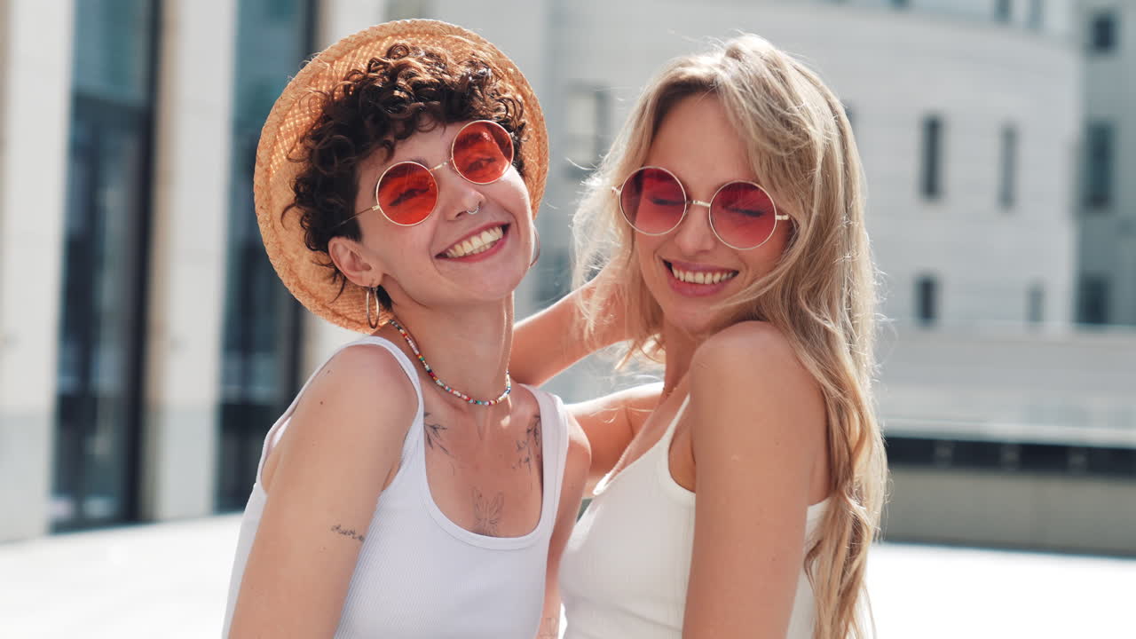 두 친구가 야외에서 포즈를 취하고 있습니다.