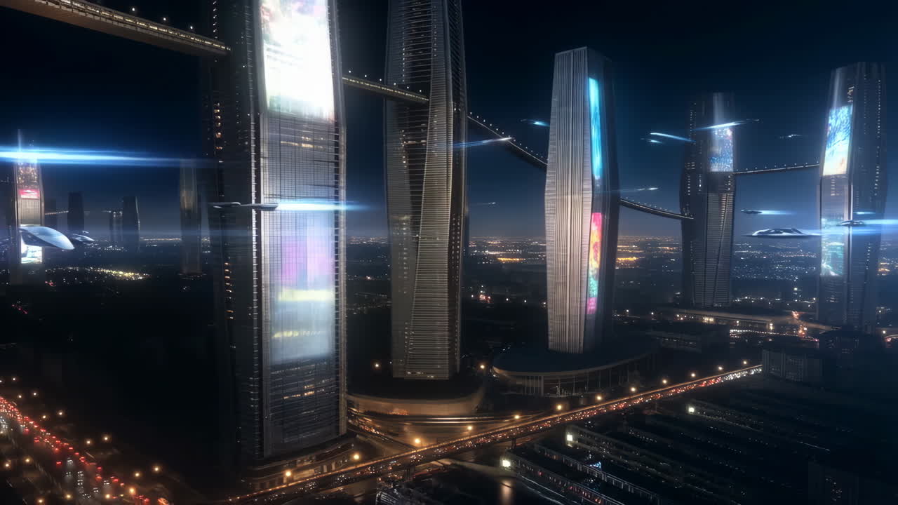 Futuristic Cityscape at Night with Flying Vehicles