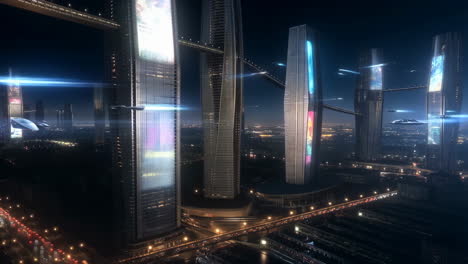 futuristic cityscape at night with flying vehicles