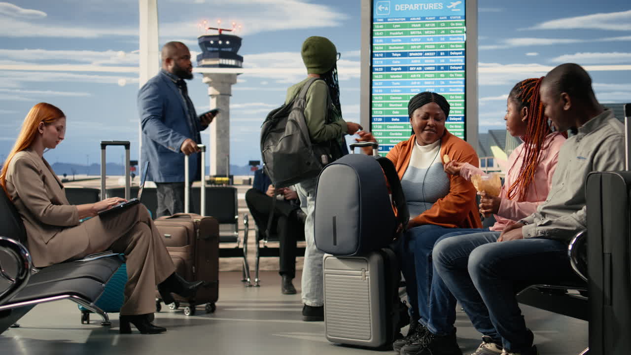 Airport terminal gate, family of three traveling, excited teenager daughter