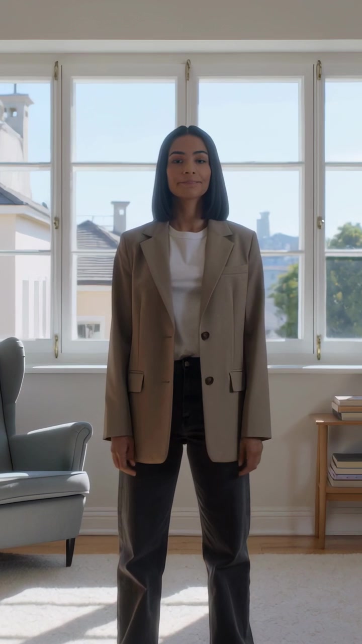 Video verticale: Donna che si prepara, sistema un blazer beige, abbassa le mani vicino alla finestra in soggiorno, posando