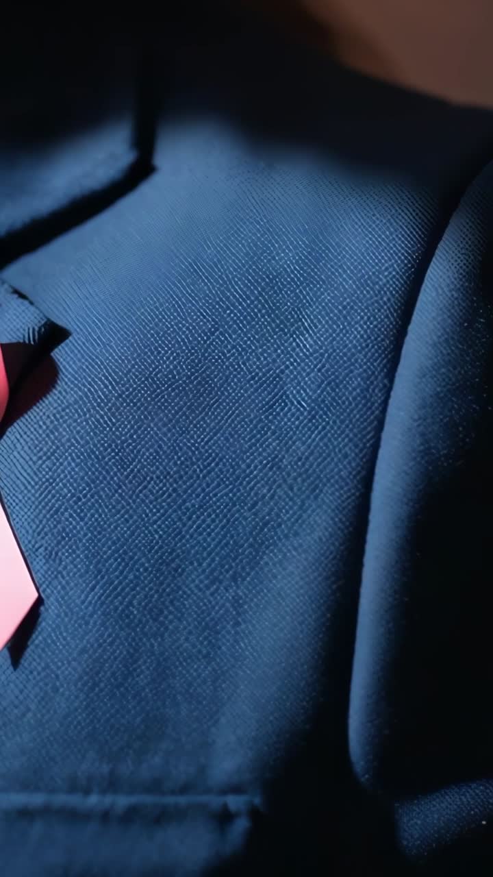 Vertical video: Shifting camera revealing dark blue textured garment in studio, with pink tag