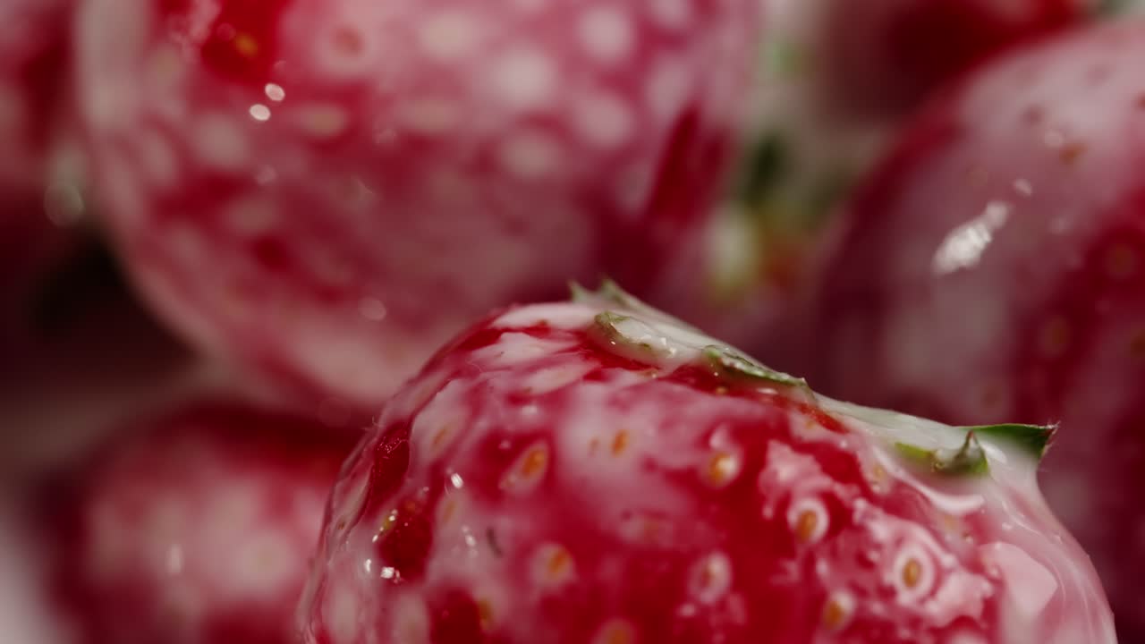 Macro Shot of Fresh Strawberries Covered with Dripping Milk