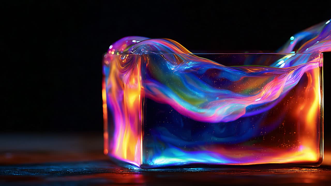Gioco accattivante di luci e colori: movimento fluido ipnotico all'interno di un cubo trasparente riempito con liquido dai colori vivaci, che mostra una straordinaria varietà di modelli colorati