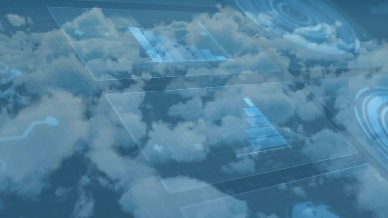 Starting static aerial view showing panels sliding while bar graph lighting over clouds for display