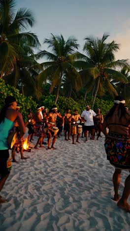 a vibrant beach gathering at sunset, captured from a low angle
