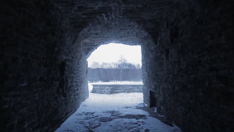 walking in a dark tunnel toward snowy landscape at the end