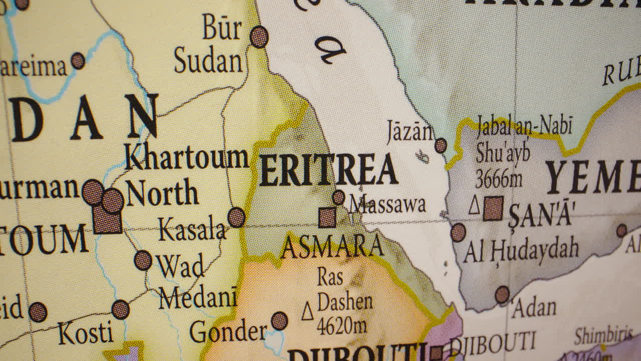 A close-up view of Eritrea and surrounding regions on a world map