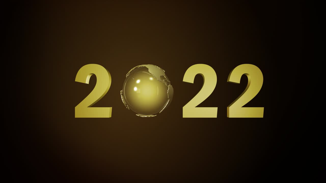 2022 new year concept shiny golden 2021 with world map globe loop 3d rendering animation christmas