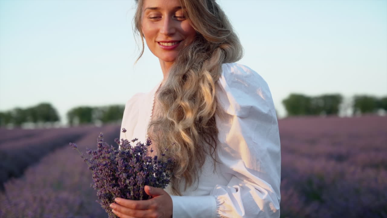 Woman in a white dress holding a bouquet of lavender in a field