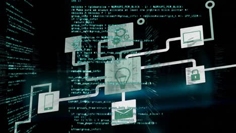 Animationen-Von-Netzwerkverbindungen-Mit-Symbolen-über-Die-Datenverarbeitung-Auf-Dunklem-Hintergrund