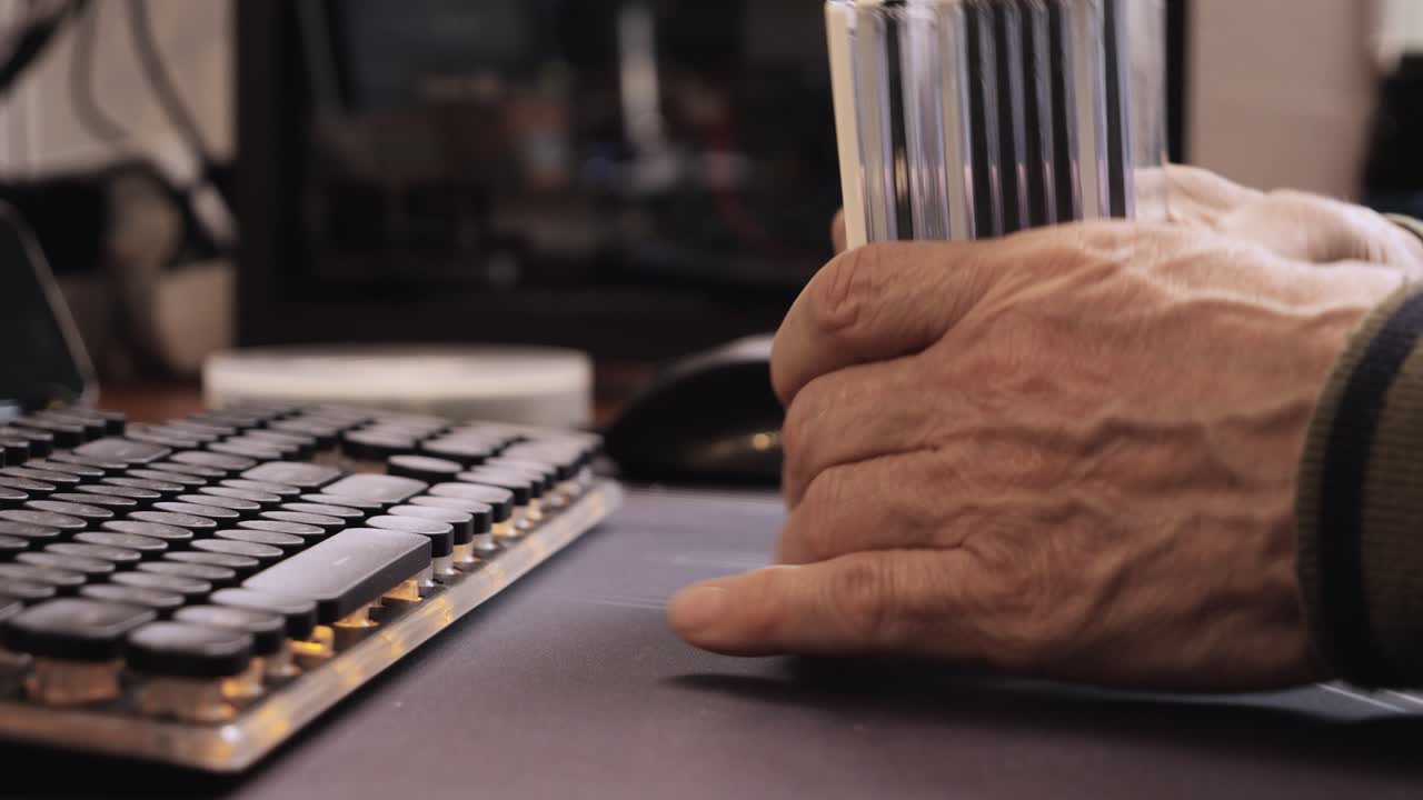 Hands sorting CD cases beside a vintage keyboard on desk, organizing physical media in retro workspace setting.