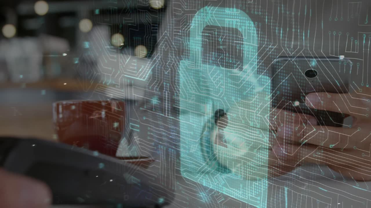 animación del candado de seguridad de la red sobre las personas que utilizan el terminal de pago