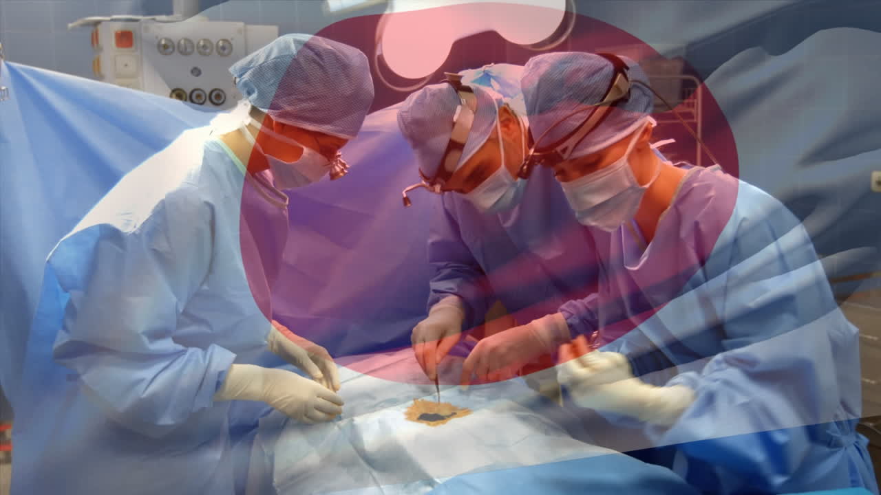 수술실 에서 외과 의사 들 위 에 흔들리는 일본 국기 의 애니메이션