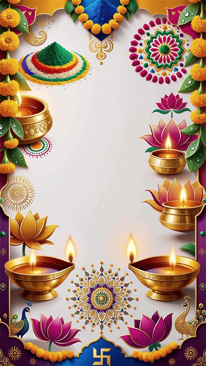 Sfondo Diwali con Diyas luminosi, Rangoli e fiori di loto
