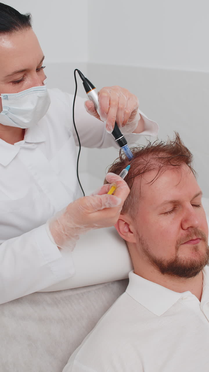 tricólogo haciendo hombre mejorar el crecimiento del cabello procedimiento dermapen microneedling inyecciones de vitaminas