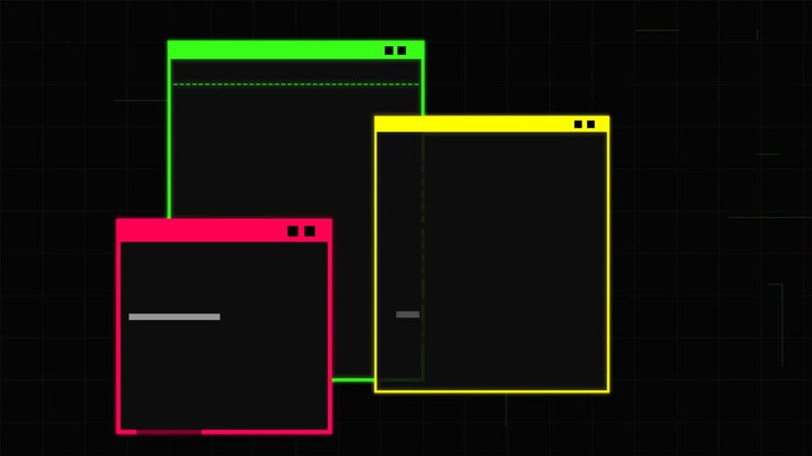 Abstrakt digital grænseflade med neonfarvede vinduer
