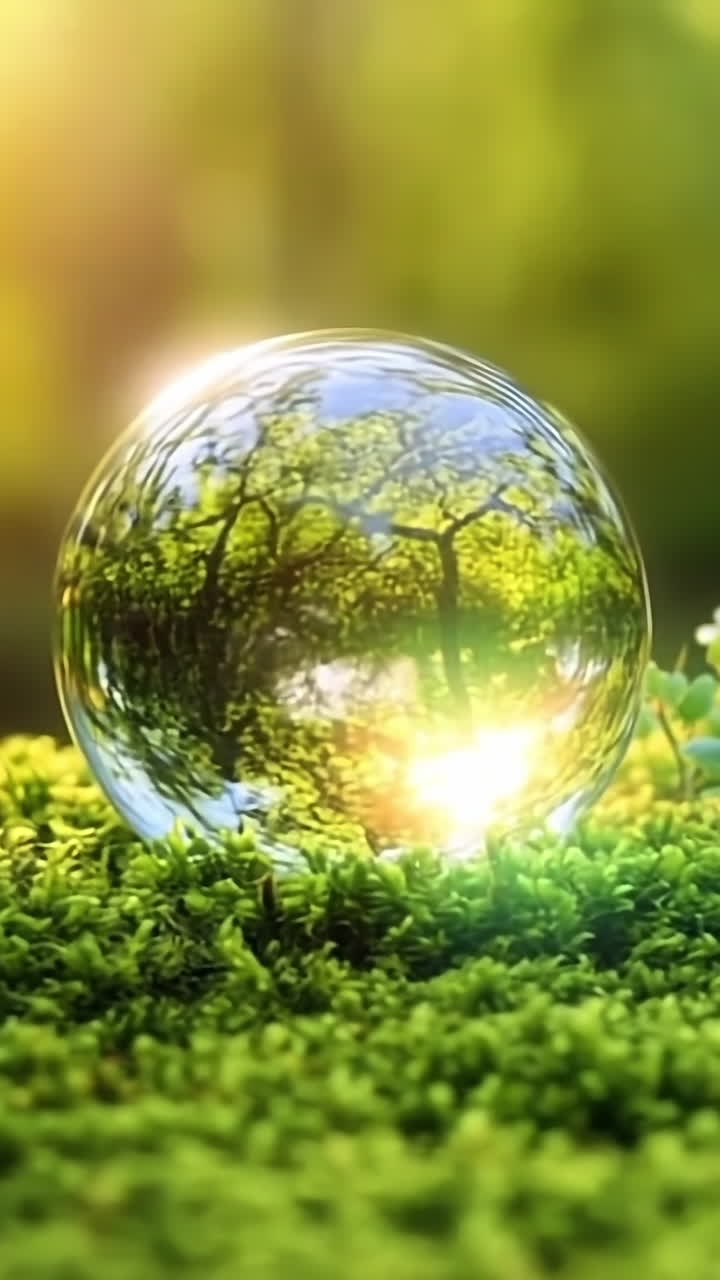 Morning light on moss bubble. Sunlight glimmers off a bubble resting on vibrant moss surrounded by small flowers during a tranquil morning.