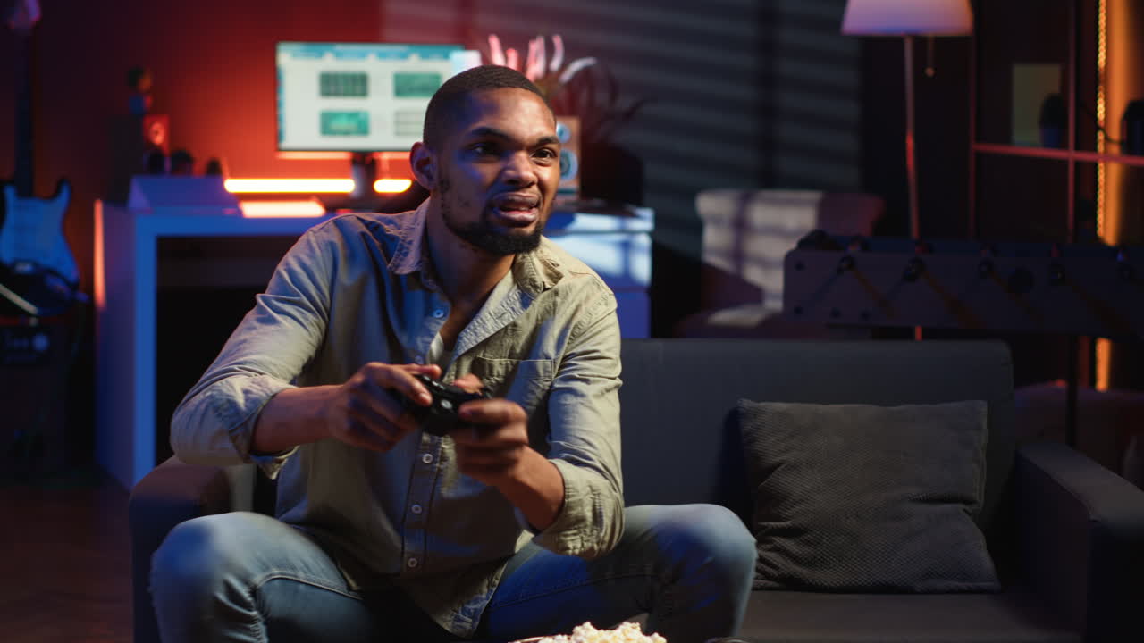 Vertical Video African american angry player being frustrated about his lost competition