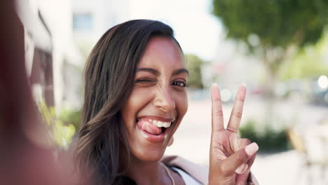 woman, face and peace sign for selfie in city