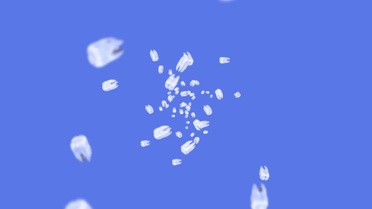 파란색 바탕에 많은  이빨을 날아. 치과 관리 개념. 치아 회전의 3d 애니메이션. 루프 애니메이션.