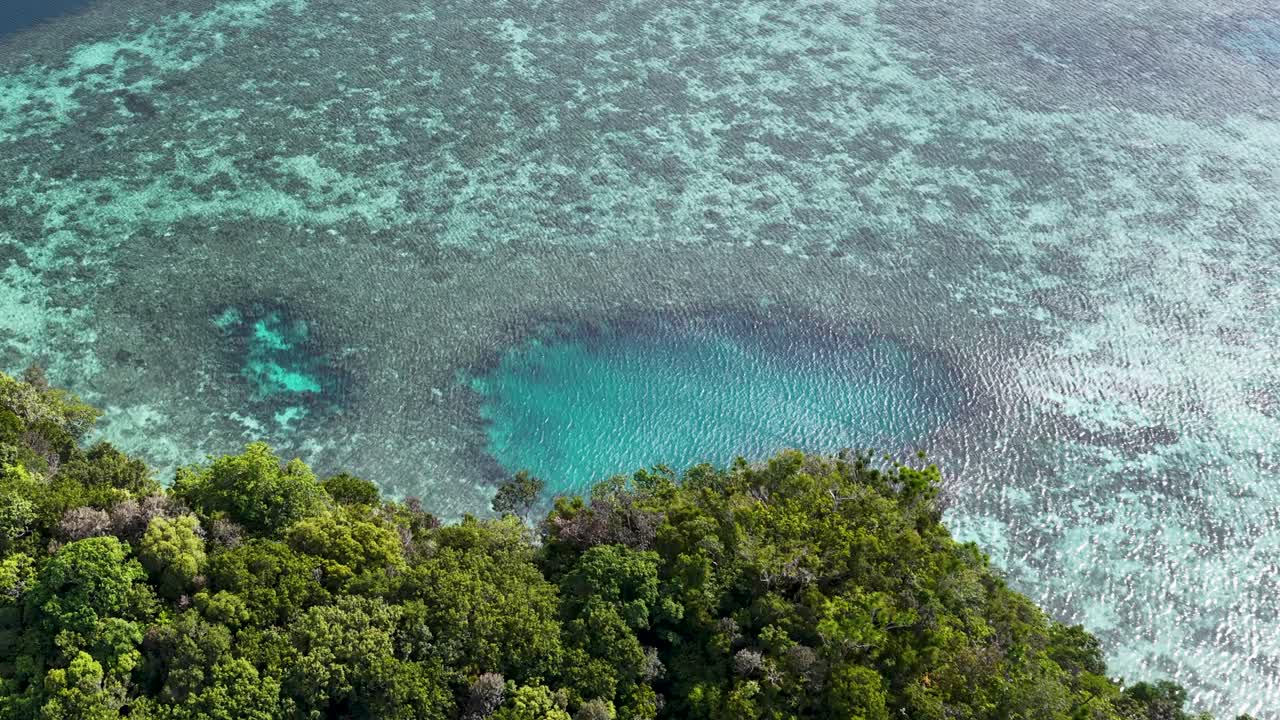 Droneopptak fra høy vinkel avslører en tropisk øykystlinje med levende korallrev og turkis vann