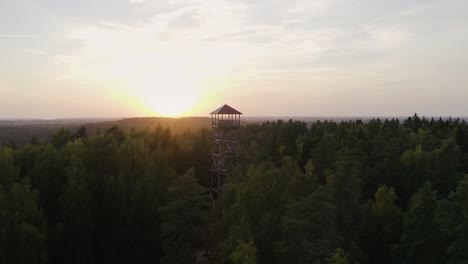 Puesta-De-Sol-Sobre-La-Torre-De-Vigilancia-En-El-Bosque.-Aéreo